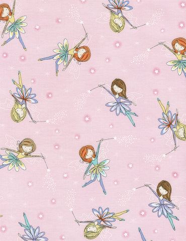 Starry Night Forest Tossed Fairies on Pink by Timeless Treasures