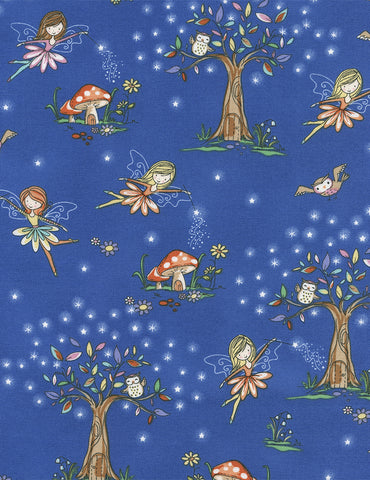 Starry Night Forest Woodland Fairies on blue by Timeless Treasures