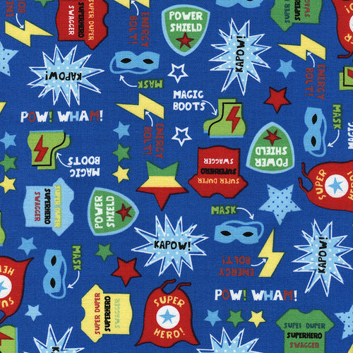 Superhero Motifs on blue by Timeless Treasures