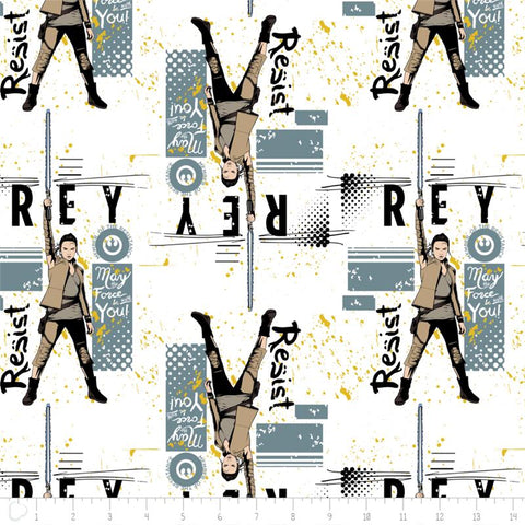 The Last Jedi Star Wars Rey on white by Camelot Cottons
