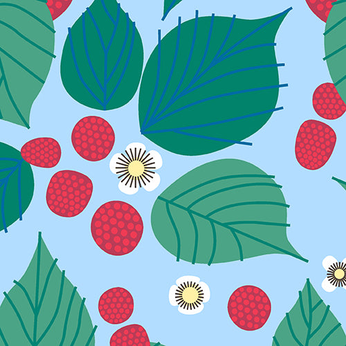 The Lovely Hunt Strawberries on Blue by Lizzy House for Andover Fabrics