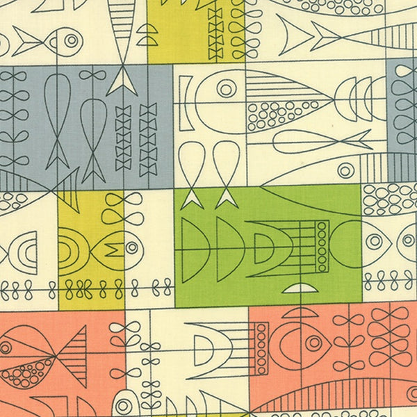 Tiki Tok Fish in Ecru Slate by Jen Ski for Moda Fabrics