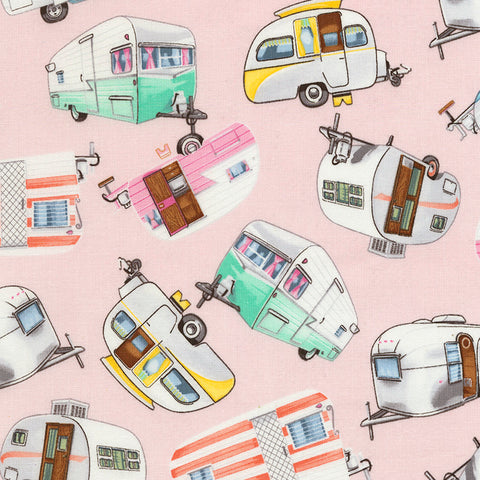 Vintage Campers on pink by Timeless Treasures