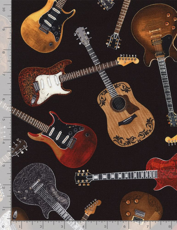 Feel The Music Tossed Guitars in Black by Timeless Treasures
