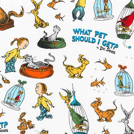 What Pet Should I Get Characters all over on white by Dr. Seuss Enterprises for Robert Kaufman Fabrics