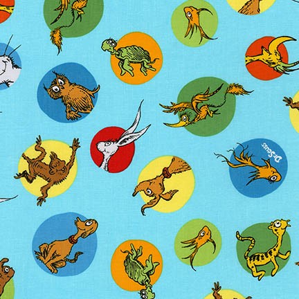 What Pet Should I Get Images in Circles on blue by Dr. Seuss Enterprises for Robert Kaufman Fabrics