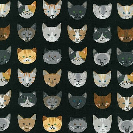 Whiskers & Tails Cat Faces on Black by Neiko Ng for Robert Kaufman