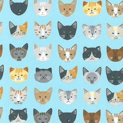Whiskers & Tails Cat Faces on Blue by Neiko Ng for Robert Kaufman