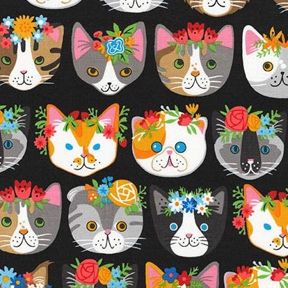Whiskers & Tails Floral Cats on Black by Neiko Ng for Robert Kaufman Fabrics