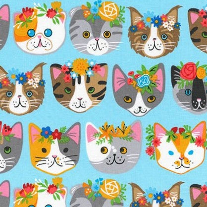 Whiskers & Tails Floral Cats on Blue by Neiko Ng for Robert Kaufman Fabrics