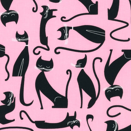 Whiskers & Tails Black Cat on Pink by Robert Kaufman Fabrics