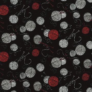 Yarn Balls and Knitting Needles on Black by Timeless Treasures