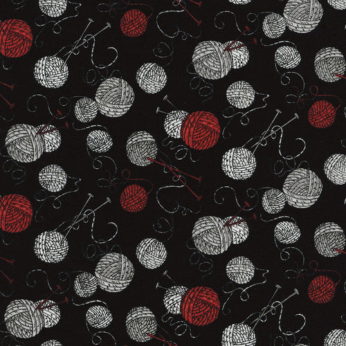 Yarn Balls and Knitting Needles on Black by Timeless Treasures
