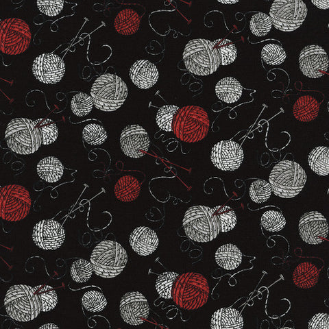 Yarn Balls and Knitting Needles on Black by Timeless Treasures