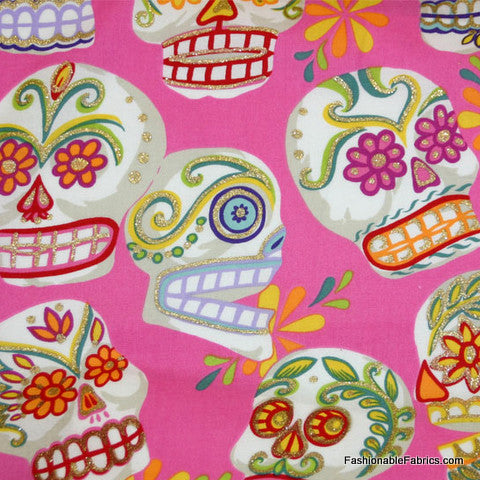 Calaveras Skulls on pink by Alexander Henry Fabrics