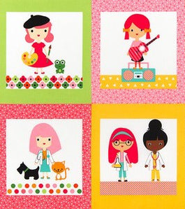 Girl Friends at Work 23.5 inch Panel in Garden by Ann Kelle for Robert Kaufman Fabrics