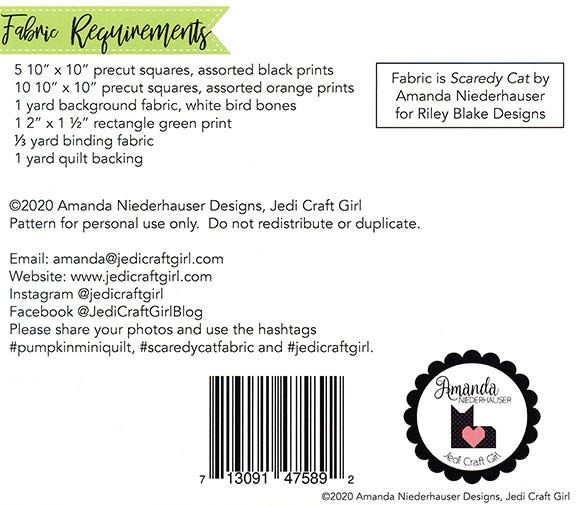 Scaredy Cat Pumpkin Mini Quilt Kit by Amanda Niederhauser