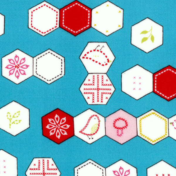 Sew Stitchy Hexagon on Blue by Moda Fabrics