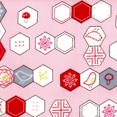 Sew Stitchy Hexagon on pink by Moda Fabrics