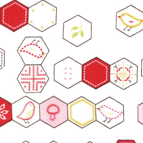 Sew Stitchy Hexagon on White by Moda Fabrics