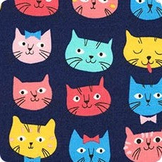 Whiskers & Tails Cats and Bows on Navy Blue by Robert Kaufman Fabrics